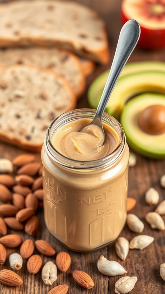 A jar of creamy nut butter with nuts and bread on a wooden table.